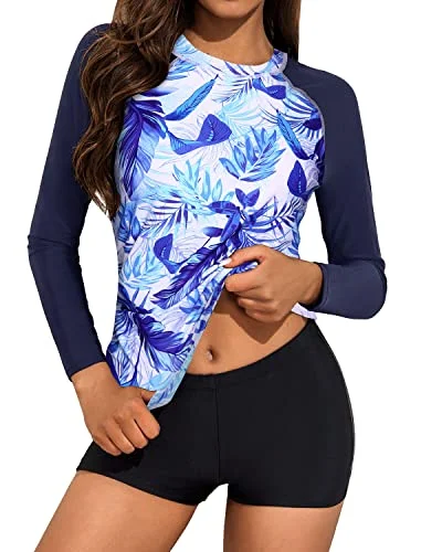 Sporty And Fashionable Ladies Long Sleeve Rash Guard Swimsuit-Blue And White Leaf Bold Swimsuit Design