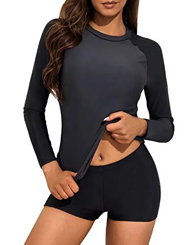 Upf 50+ Women's Swim Shirt Boyshorts-Grey And Black Elegant Swim Dress