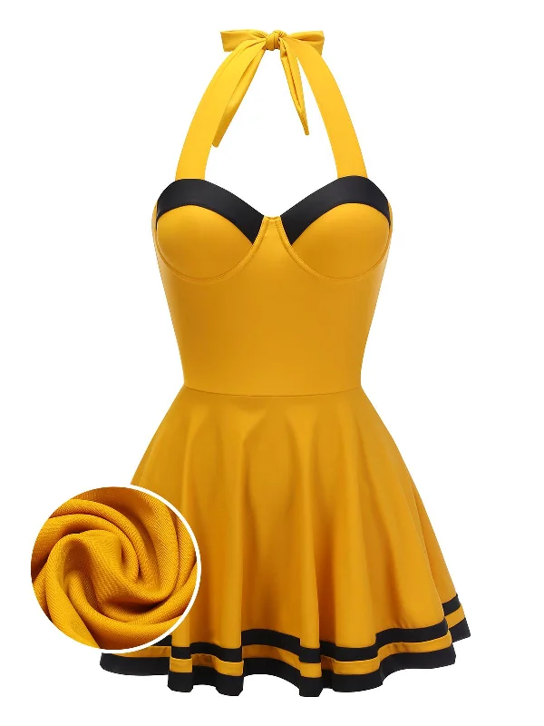 Yellow 1940s Contrast Halter Patchwork Swimsuit Swim Skirt Set