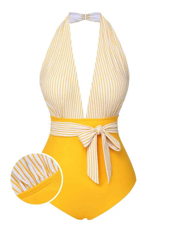 Yellow 1950s Halter Striped Patchwork Swimsuit Trendy Swimwear Set