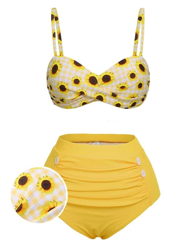 Yellow 1950s Spaghetti Strap Sunflower Plaids Swimsuit Ruched Swimwear Set