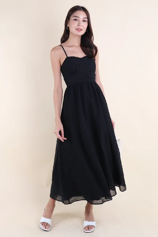 ANNELISE RUCHED MAXI DRESS IN BLACK Chic Off-Shoulder Maxi Dress