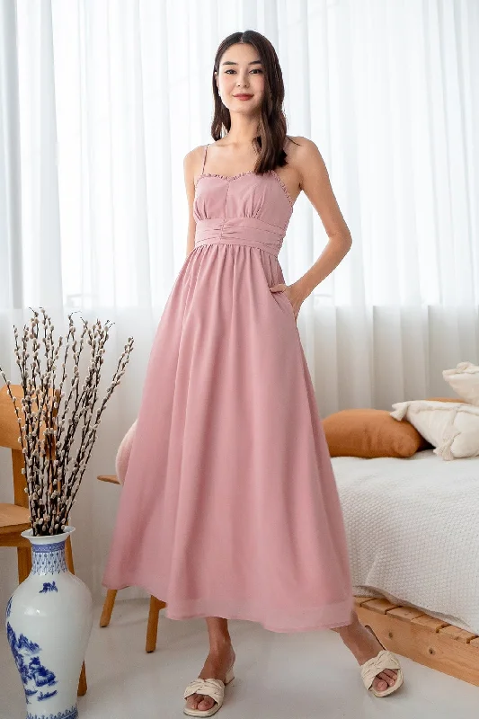 ANNELISE RUCHED MAXI DRESS IN DUSTY PINK Comfortable Flowy Maxi Dress