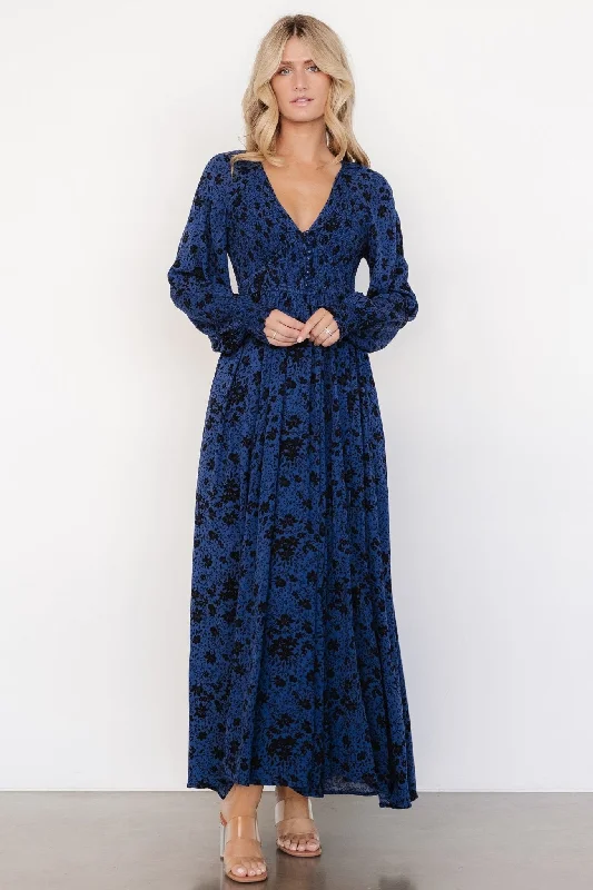 Anya Maxi Dress | Vintage Navy Floral Comfortable Ruffle Hem Maxi Dress