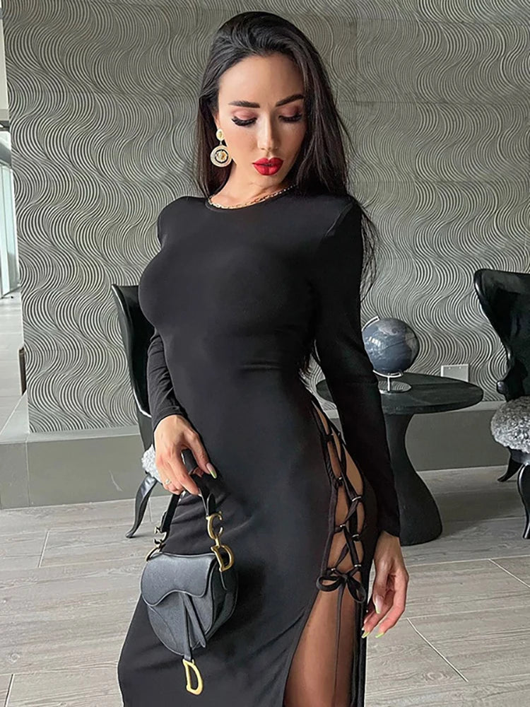 Bandage Dress Women Autumn: Long Sleeve O-Neck Sexy Split Maxi Dress Elegant Tiered Maxi Dress