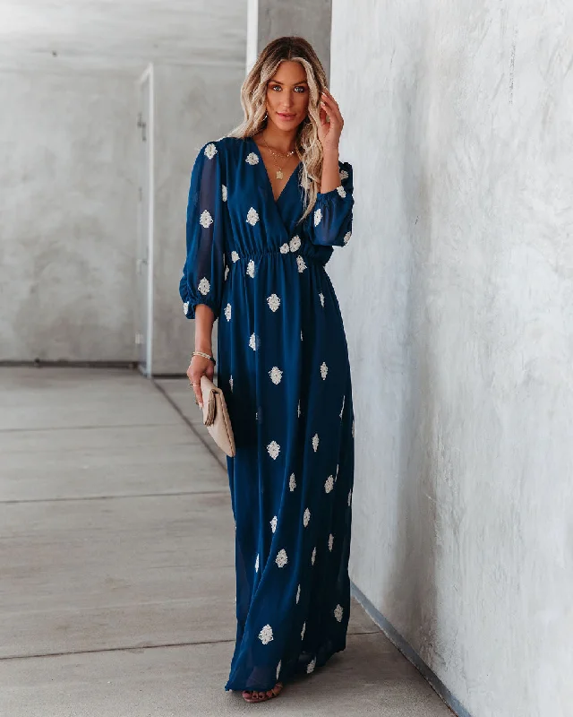 Be Spontaneous Embroidered Maxi Dress - Navy Fashionable High-Low Maxi Dress