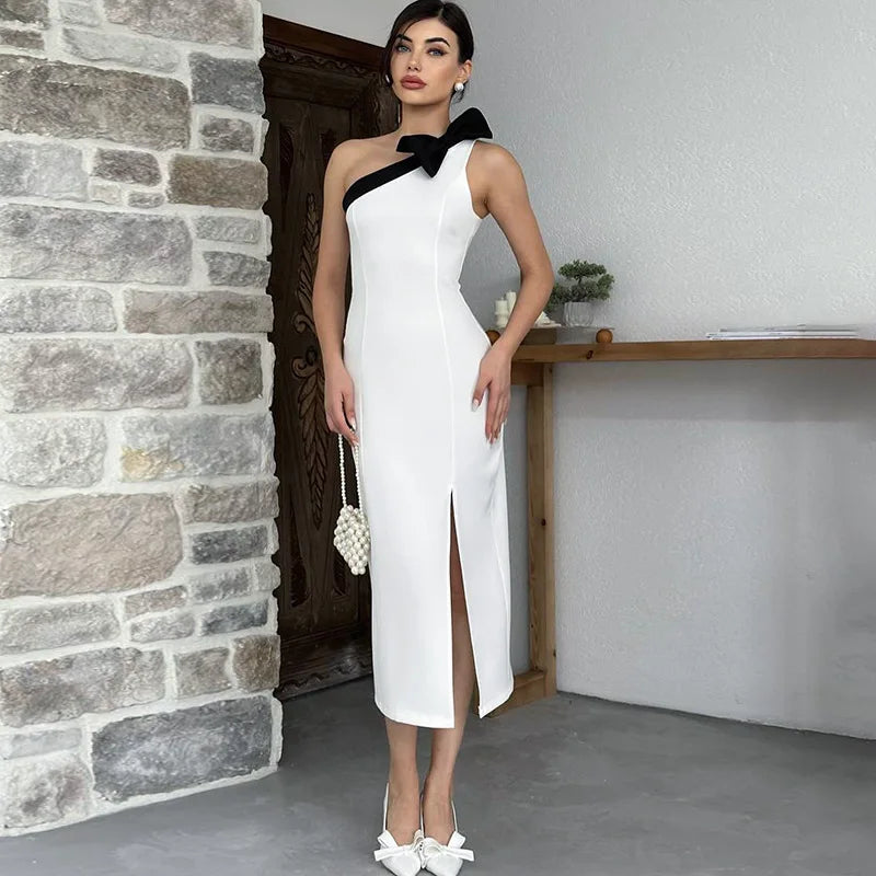 Bow Skew Collar Sexy Split Maxi Dress Women's Contrast Color Maxi Dress Fashionable Layered Maxi Dress Bow Skew Collar Sexy Split Maxi Dress Women's Contrast Color Maxi Dress Fashionable Layered Maxi Dress