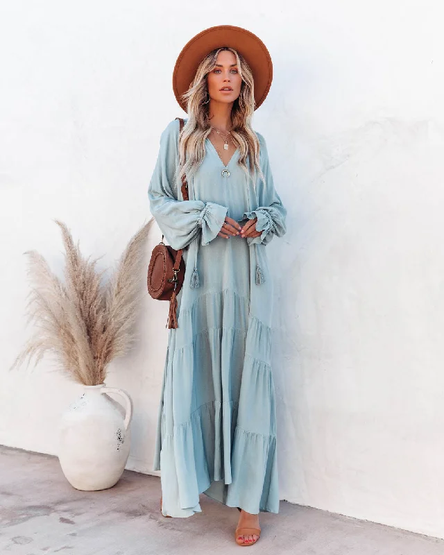 Bowdan Tiered Boho Maxi Dress - Soft Blue Comfortable Pleated Maxi Dress