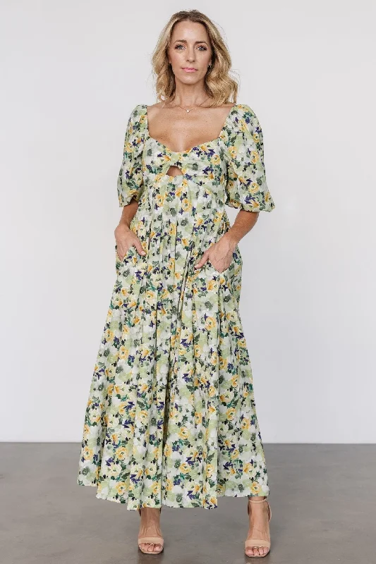 Brielle Maxi Dress | Green Floral Fashionable Maxi Dress with Fringe