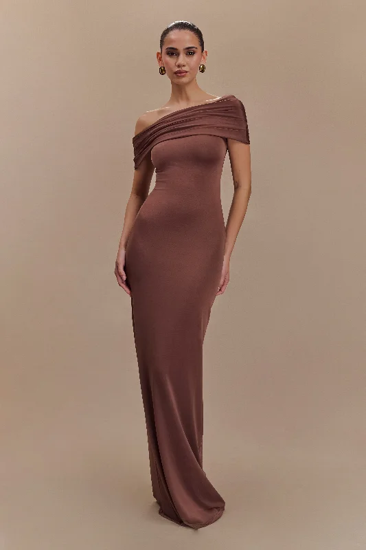 Cassandra Off Shoulder Slinky Maxi Dress - Chocolate Elegant Maxi Dress with Drapes