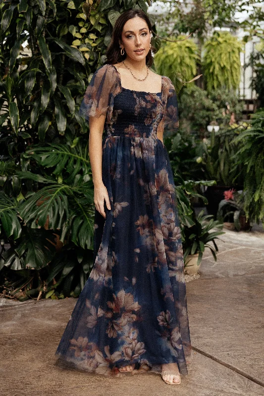 Cassandra Tulle Maxi Dress | Dark Blue Floral Elegant Wraparound Maxi Dress