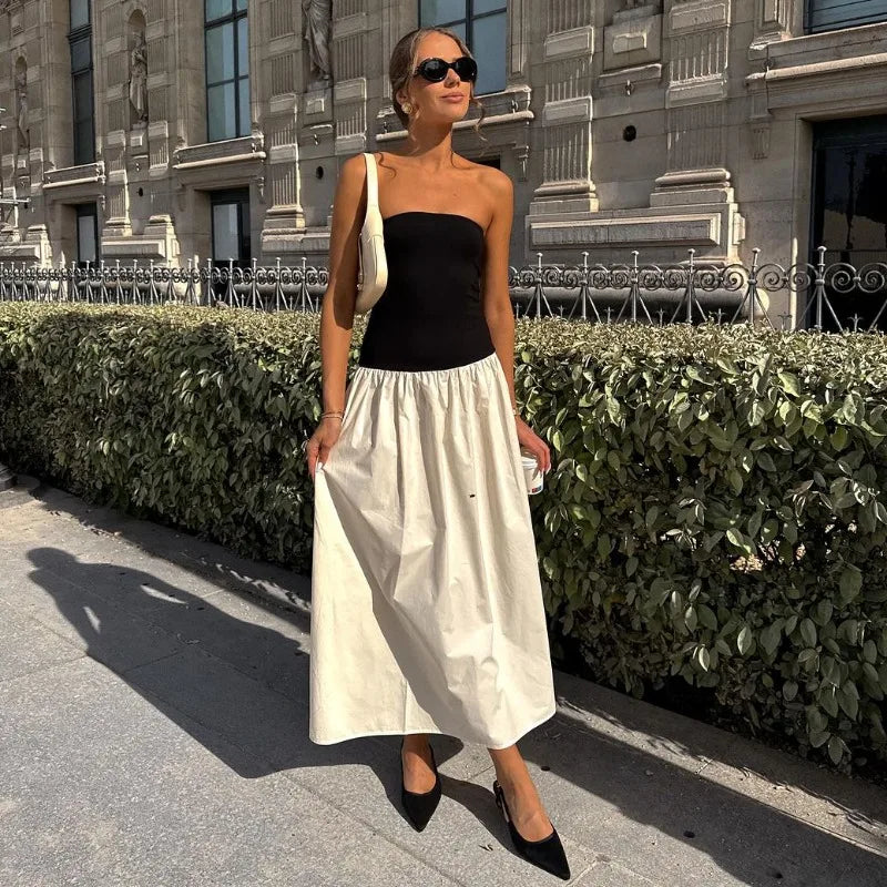 Clash Color Strapless Maxi Dress Women Summer Off Shoulder Maxi Dress Stylish Boho Chic Maxi Dress