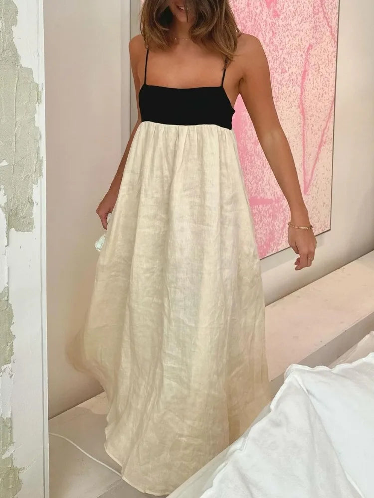 Contrast Color Suspender Dress Women Sexy Backless Long Maxi Dress Cozy Knitted Maxi Dress