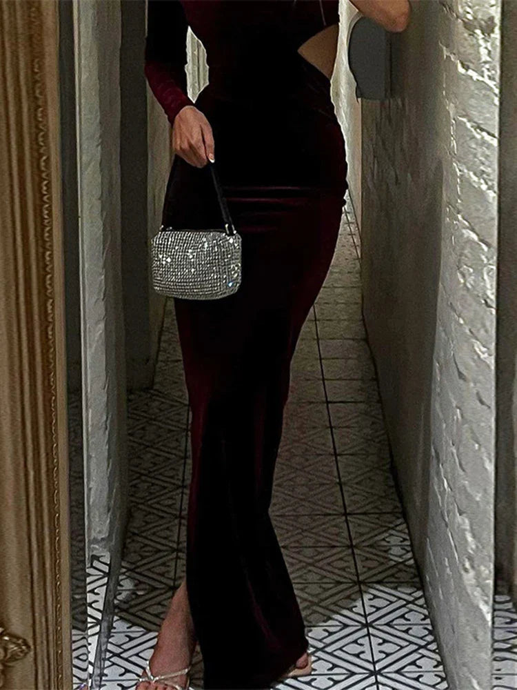 Long Sleeve One Shoulder Velvet Cut Out Side Slit Party Elegant Evening 2024 Maxi Dress Women Chic Off-Shoulder Maxi Dress