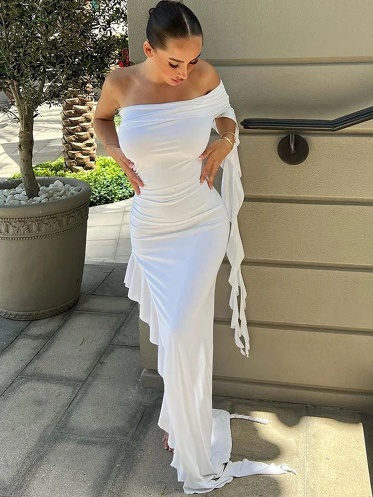 One Shoulder Ruffle Party Evening Birthday Elegant Outfits 2024 Summer Maxi Dress Comfortable Flowy Maxi Dress