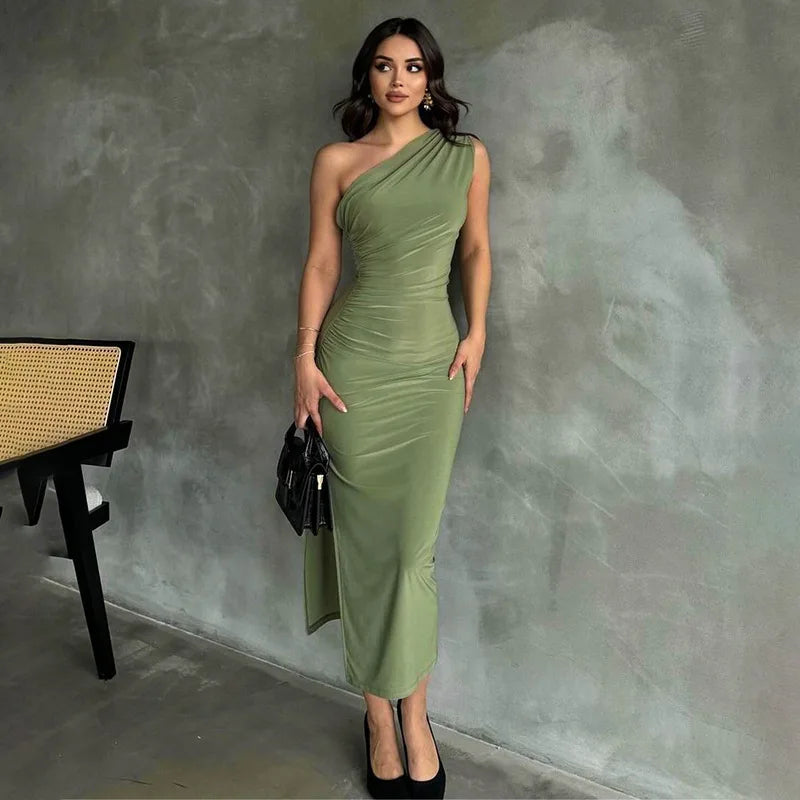 One Shoulder Summer Elegant Sexy Sleeveless Ruched Charming Stylish Maxi Dress Cozy Open-Back Maxi Dress