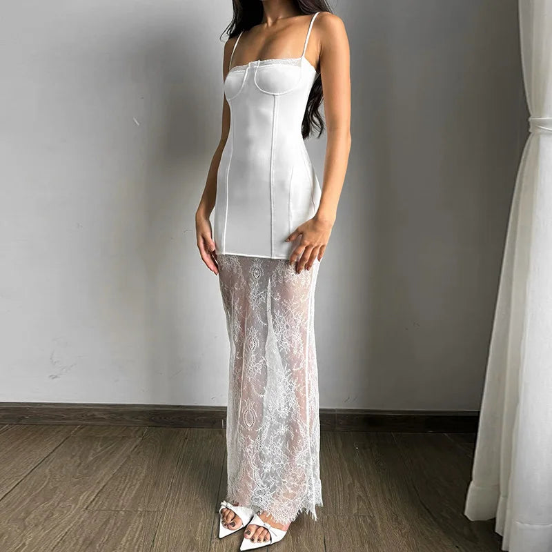 White Lace Patchwork Summer Sexy Sleeveless Slim Charming Stylish Maxi Dress Classic Solid Maxi Dress