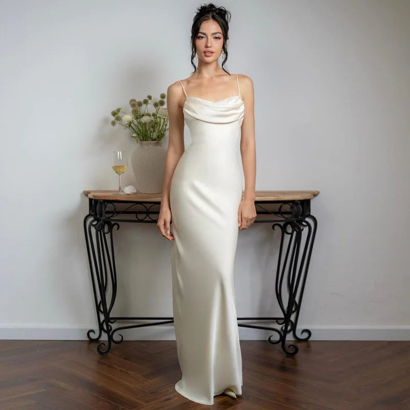 White Satin Sexy Spaghetti Straps Backless Fashionable V-neck Stylish Maxi Dress Elegant Silk Maxi Dress