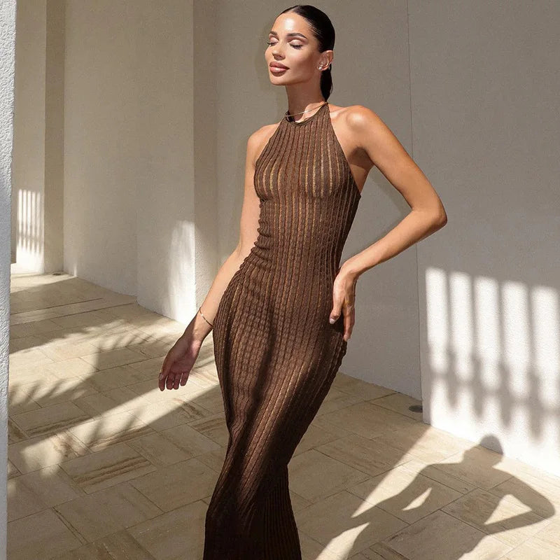 Knitted Hollow Out Sheer Backless Slim Beach Halter Neck Stylish Maxi Dress Comfortable Bohemian Maxi Dress