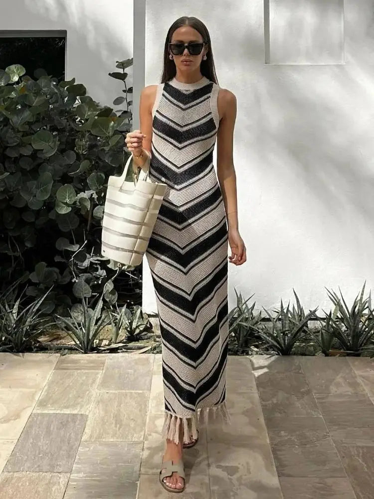 Summer Knitted Tassel Striped Bohemian Stylish Maxi Dress Trendy Ruffled Maxi Dress