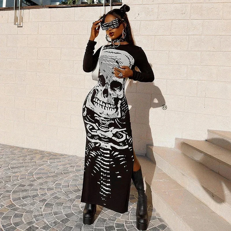 Gothic Skull Bones Skeleton Print O Neck Long Sleeve Split Casual Autumn Streetwear Maxi Dress Elegant Silk Maxi Dress