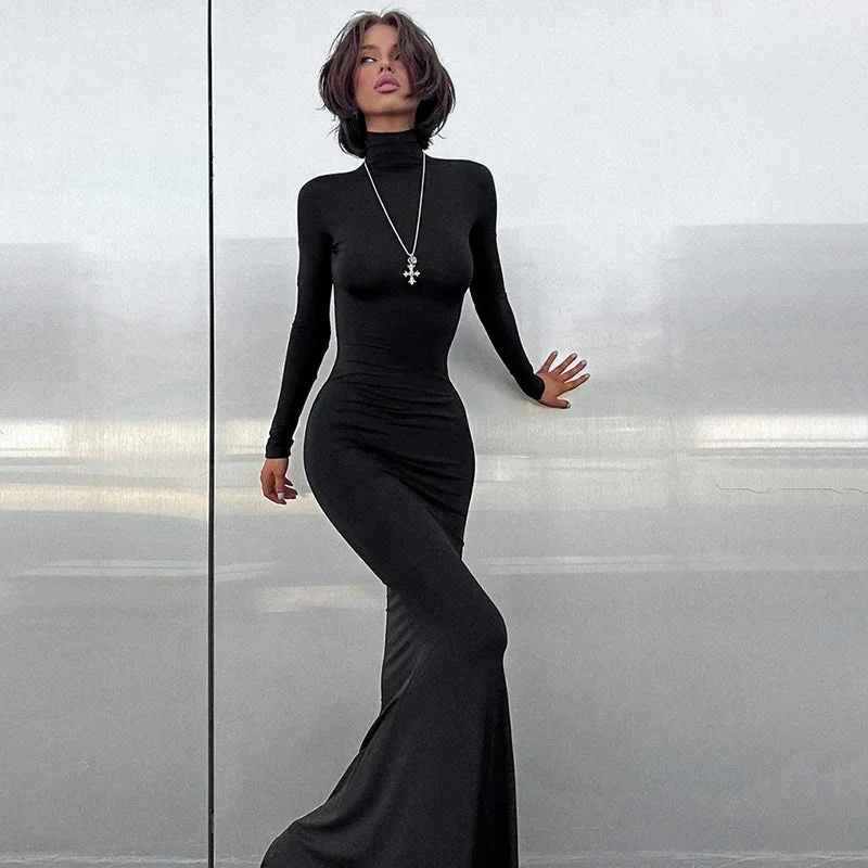 Simple High Collar Long Sleeve Basic Fishtail Prom Occasion Slim Streetwear Black Maxi Dress For Autumn Elegant Floral Maxi Dress