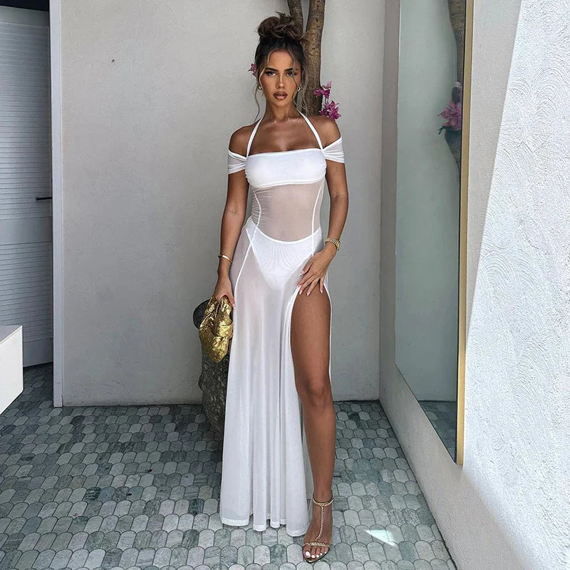 Summer New Style Halter Neck Mesh See Through High Slit Party Beach Club Clothing Long Women's Maxi Dress Comfortable Cotton Maxi Dress