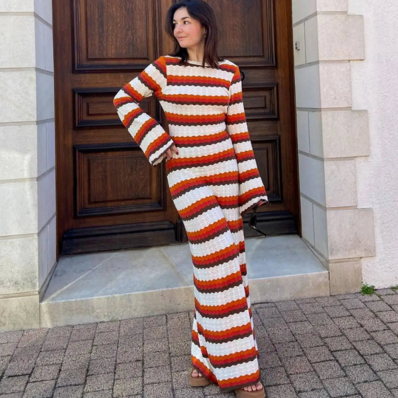 Fashion Striped Knitted Beach Long Sleeve Backless Loose Casual Holiday Vacation Summer Maxi Dress Comfortable Bohemian Maxi Dress