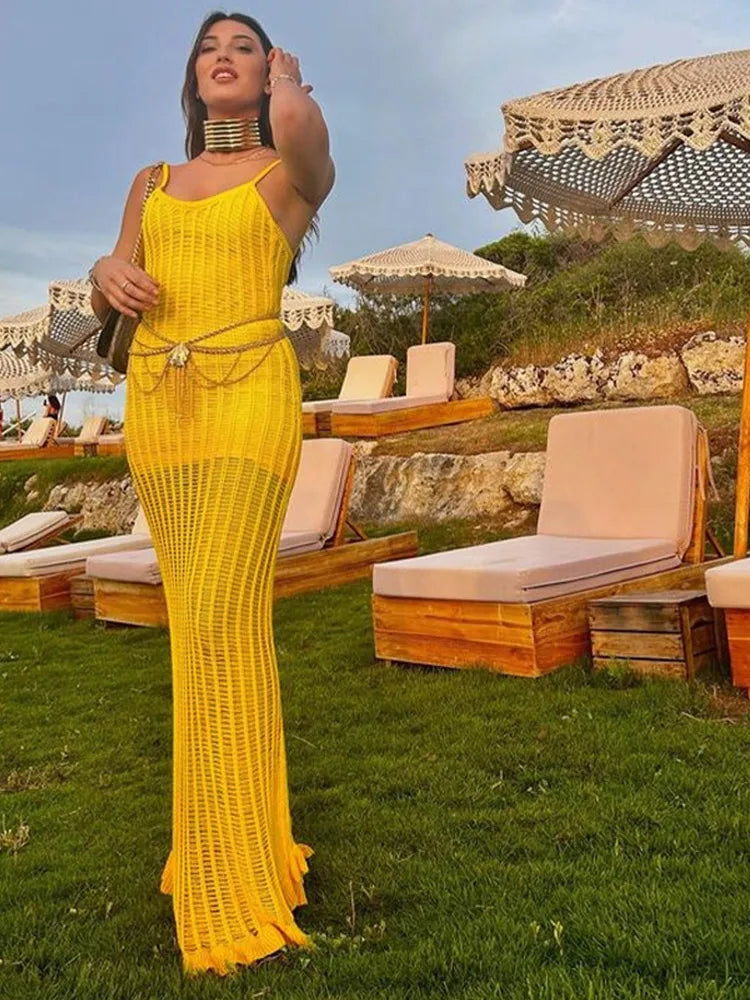 Fashion Half See Through Yellow V-Neck Sleeveless Backless Slim Elegant Beach Maxi Dress Elegant Tiered Maxi Dress