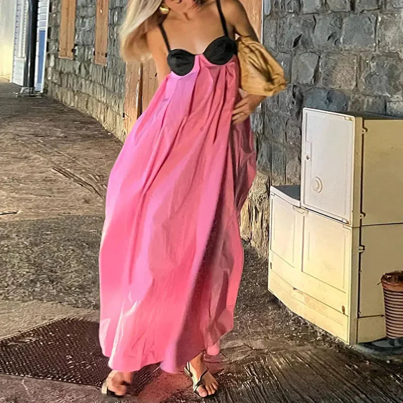 Backless Pink Sleeveless Loose Slip Panelled Bandage Maxi Dress Fashionable Layered Maxi Dress