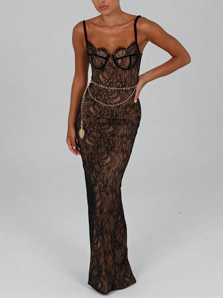 FashionSierra Lace Print Maxi Dress Spaghetti Strap Sleeveless Backless Club Lace Dress Chic Sleeveless Maxi Dress