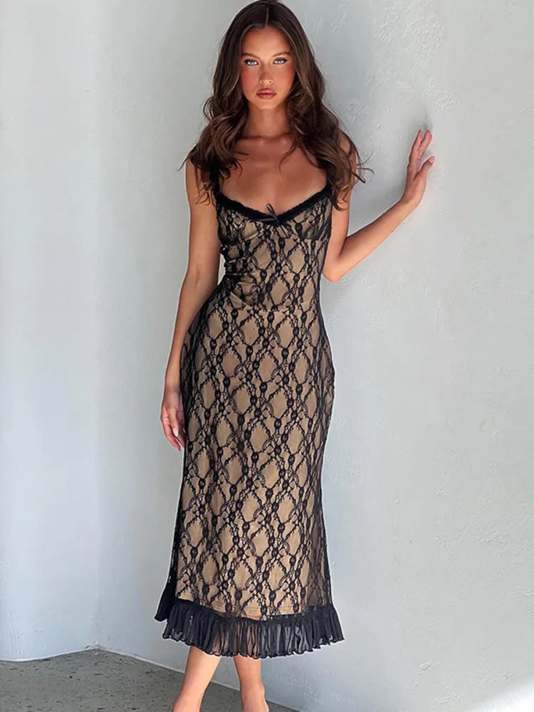 FashionSierra - Lace Print Sexy Maxi Dress Spaghetti Strap Sleeveless Backless Lace Dress Elegant Floral Maxi Dress