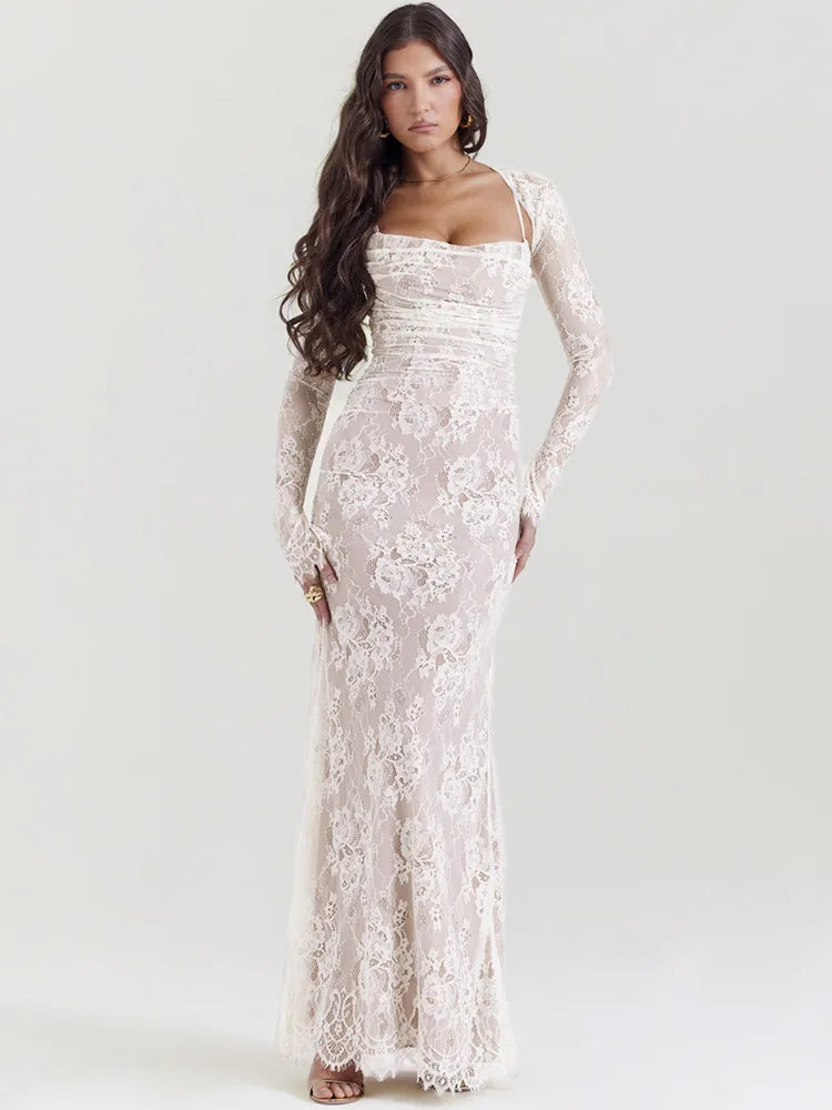 FashionSierra - Lace Print Maxi Dress Set Spaghetti Strap Long Sleeve Lace Dress Comfortable Maxi Dress with Slits
