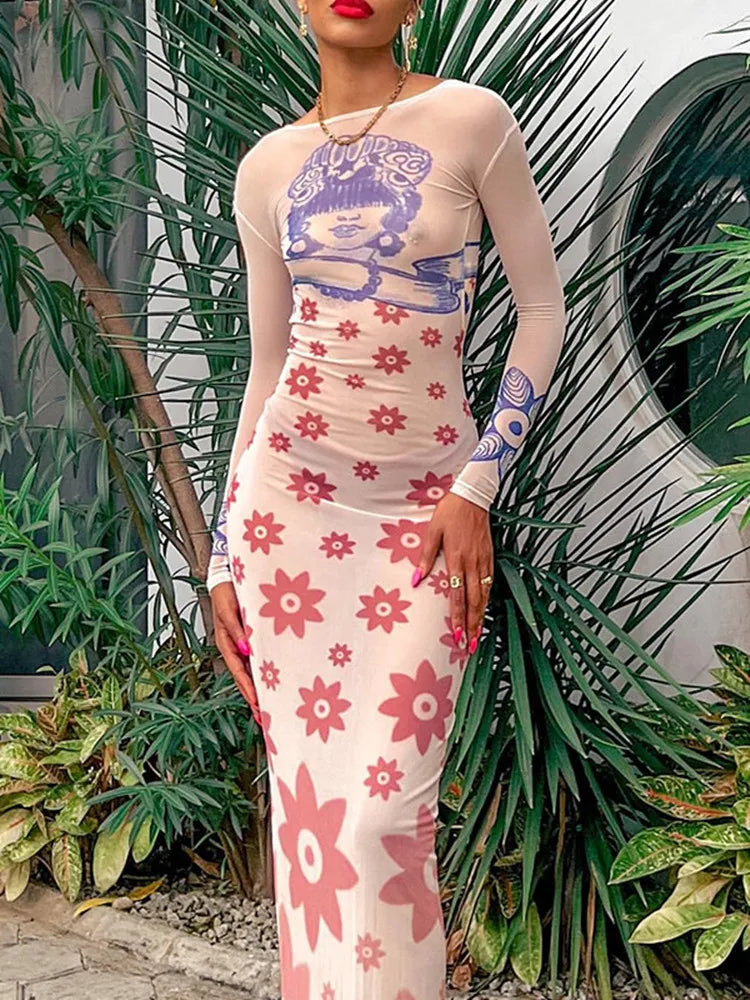 FashionSierra - Spring Summer Women Flowers Print Bodycon Long Sleeve Vestidos 2024 Maxi Dress Elegant Boho Maxi Dress