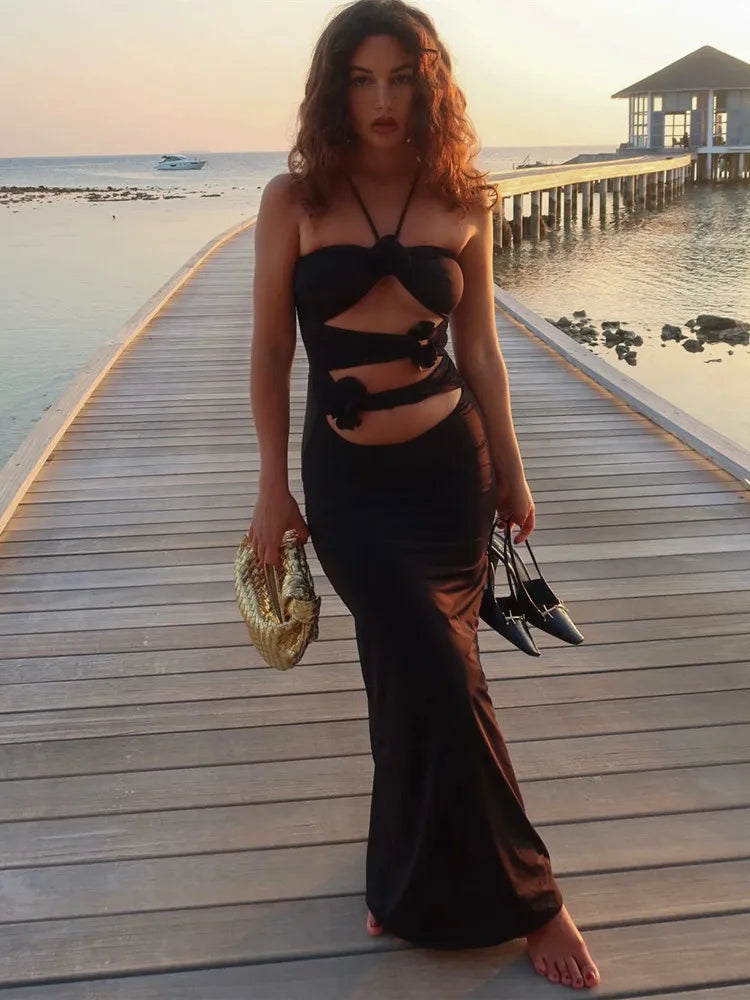 FashionSierra - Slim Fit Split Halter Bodycon Hollow Out Twist Long Maxi Dress Comfortable Casual Maxi Dress