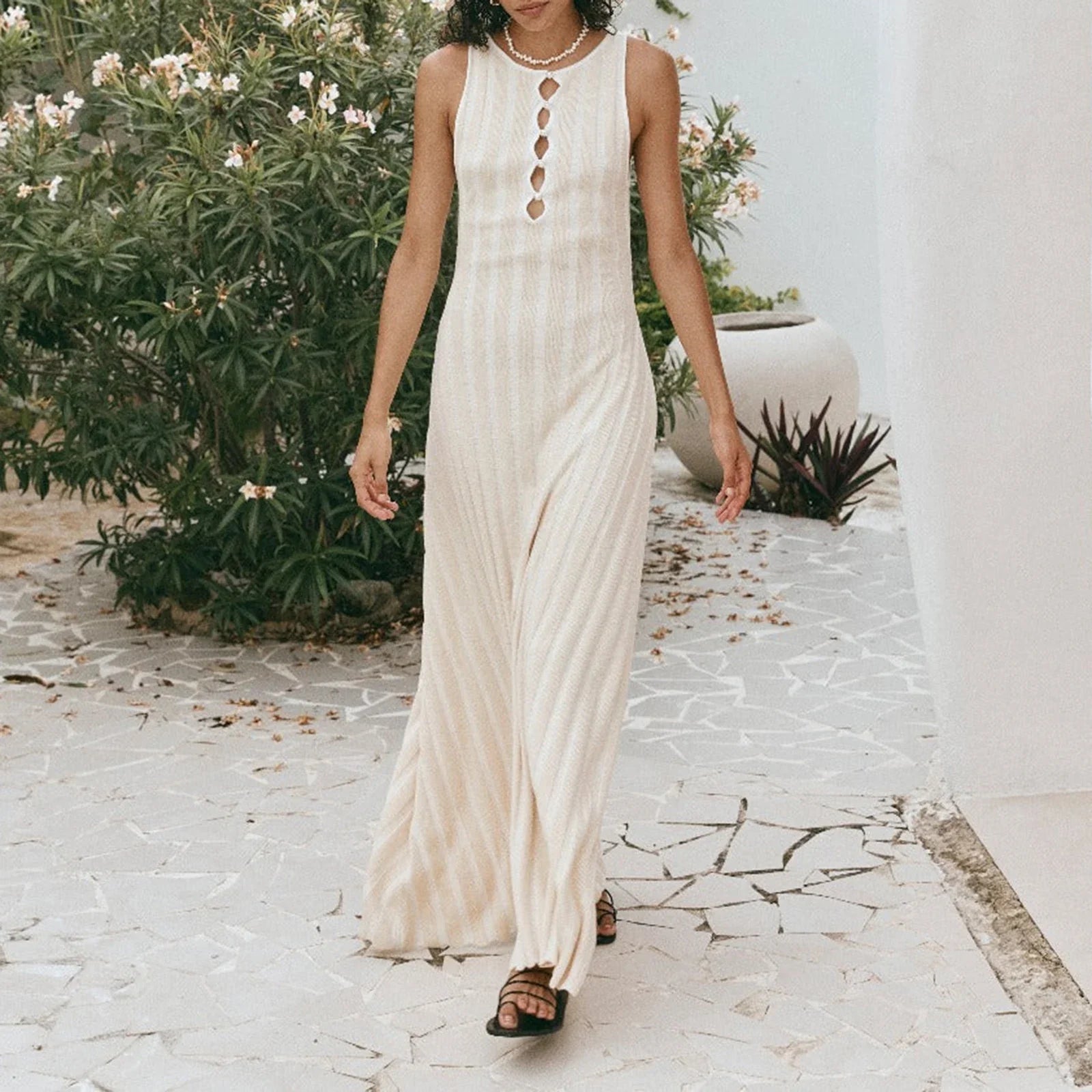 FashionSierra - Hollow-Out Sleeveless Vertical Striped Ribbed Knit Summer Club Party Maxi Dress Comfortable Ruffle Hem Maxi Dress