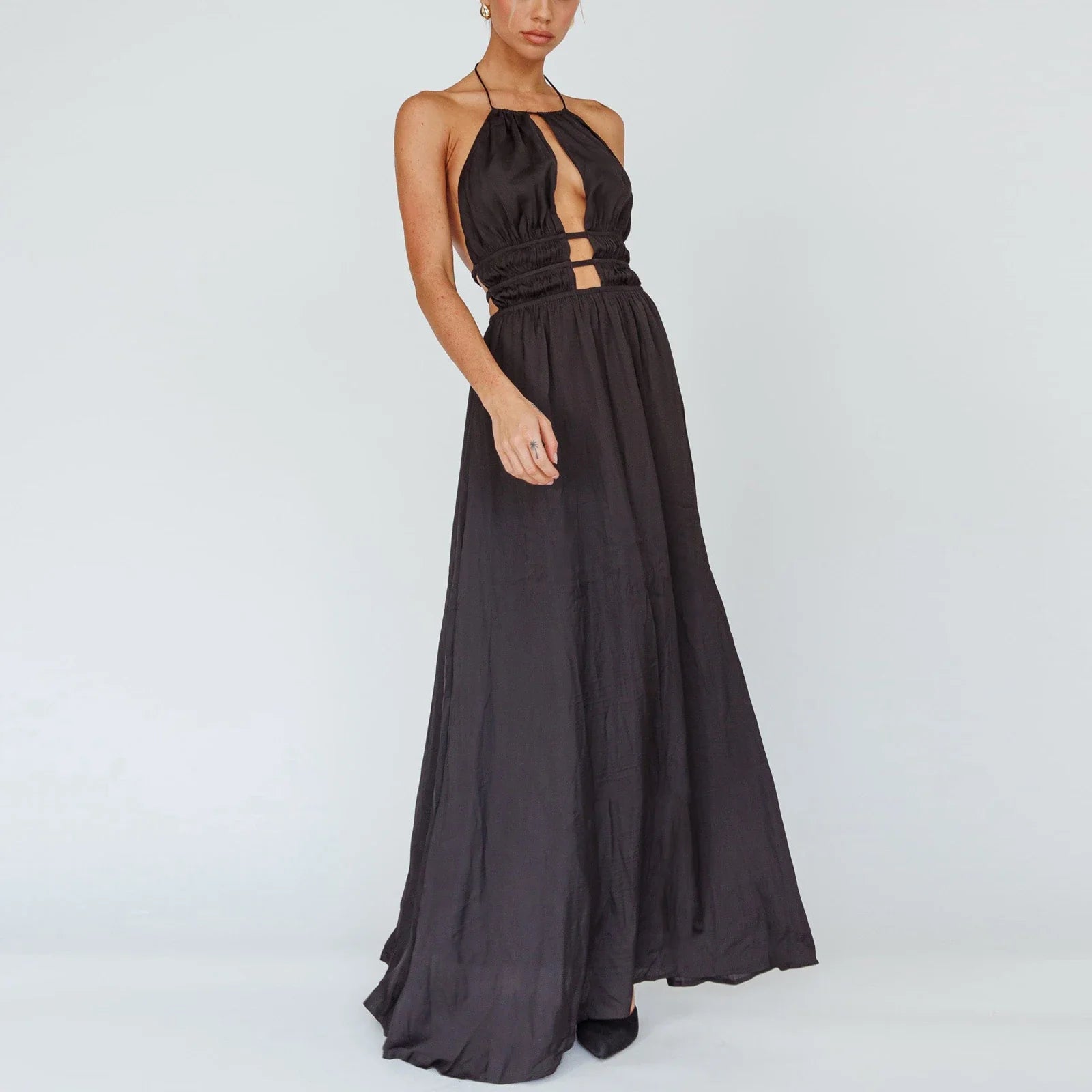 FashionSierra - Women's Halter Long Sleeveless Backless Solid Smocked Party Club Formal Gown Maxi Dress Classic Strapless Maxi Dress