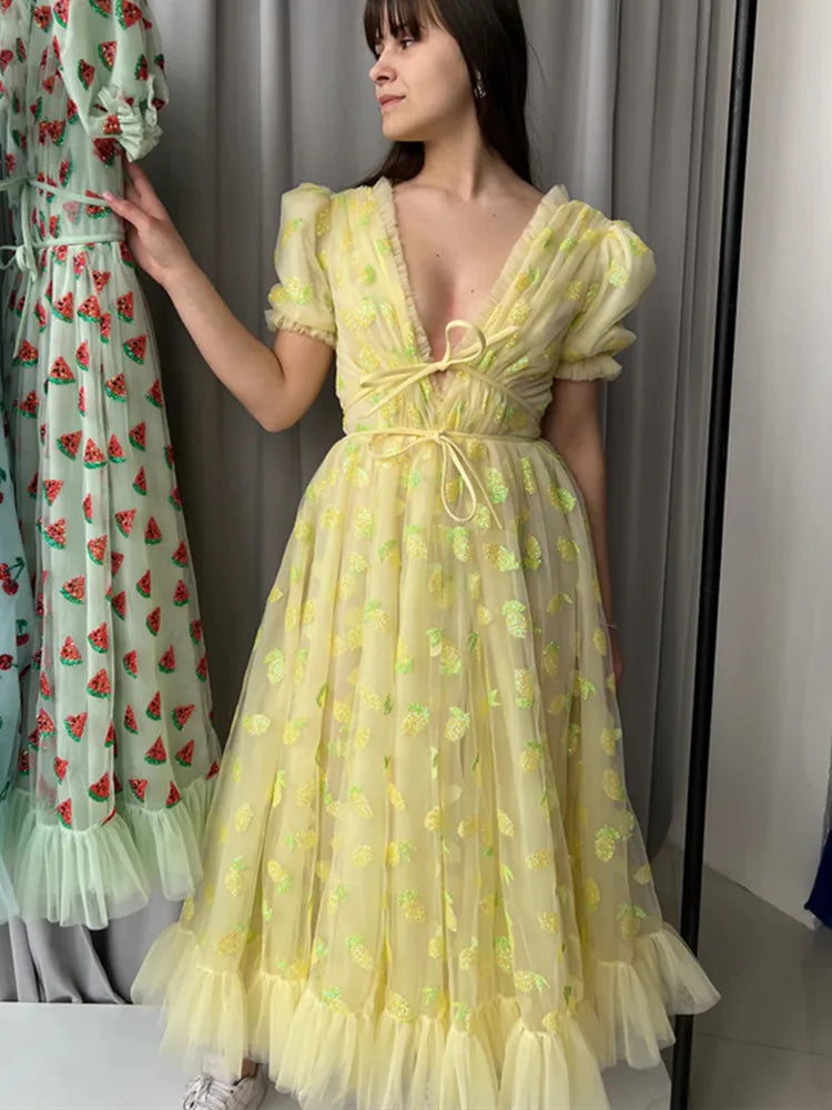 Short Sleeve V Neck Tie-up Front High Waist Fruit Sequins Ruffle Tulle Hem Princess Maxi Dress Fashionable Open-Back Maxi Dress
