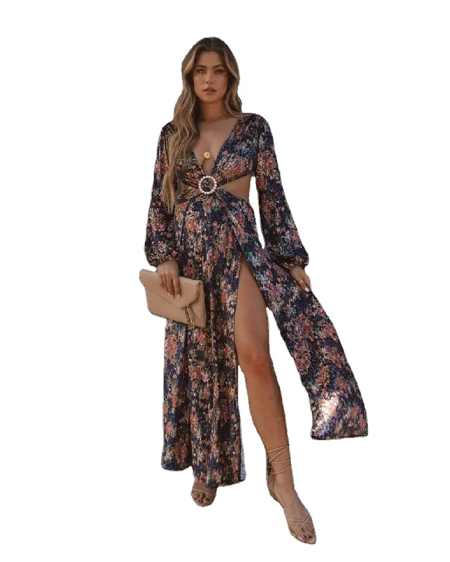 D0410TA56 Vacation Style Sexy V-neck Floral Print Slit Maxi Dress Women Sehe Fashion Fashionable Off-Shoulder Maxi Dress