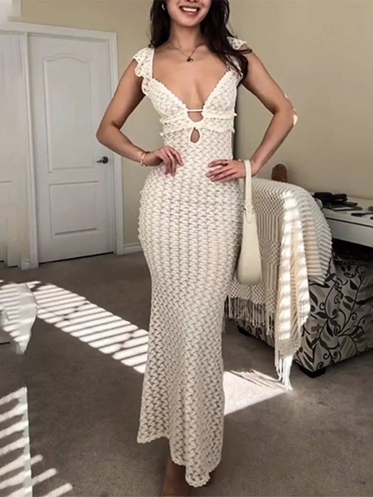 Deep V Neck Sexy Dresses Women Sleeveless High Waist Knitted Beach Maxi Dress Cozy Knit Maxi Dress