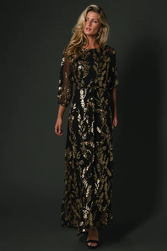 Destiny Sequin Maxi Dress | Black + Gold Trendy Satin Maxi Dress