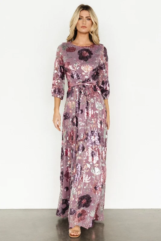 Destiny Sequin Maxi Dress | Lilac Floral Stylish Pleated A-Line Maxi Dress