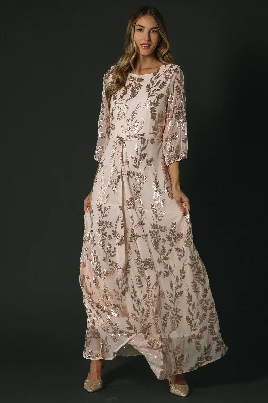 Destiny Sequin Maxi Dress | Rose Gold Cozy Maxi Dress with Slit