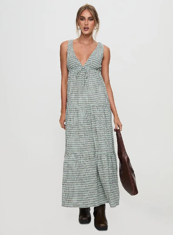 Dipsie Maxi Dress Blue / Brown Check Cozy Ruffle Sleeve Maxi Dress