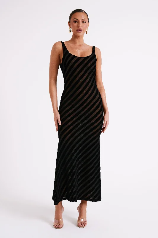 Elena Striped Velvet Burnout Maxi Dress - Black Elegant Maxi Dress with Slit