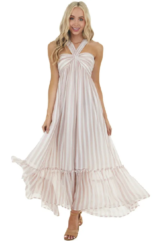Evelyn Striped Halter Maxi Dress - Blush Multi Elegant Maxi Dress with Ruffles