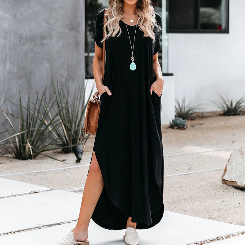 Farmers Market Pocketed Modal Maxi Dress - Black Elegant Maxi Dress with Slit