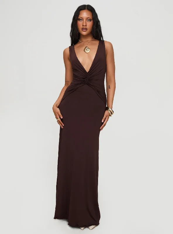 Frederica Plunge Maxi Dress Chocolate Fashionable Sleeveless Maxi Dress