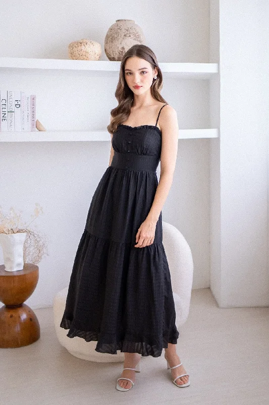 GEN RUFFLES MAXI DRESS IN BLACK Stylish Maxi Dress with Frills