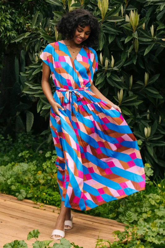 Surplice Bodice Geometric Print Maxi Dress Elegant Tiered Maxi Dress